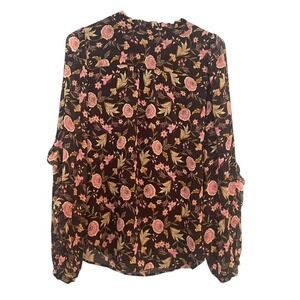 LOFT Floral Blouse Ruffle Neck Long Sleeve Romantic Top Size Small